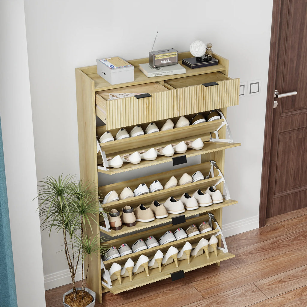 Shoe Cabinet, Free Standing Tipping Bucket Shoe Rack Organizer with 3 Flip Drawers, Modern Entryway Narrow Shoe Rack with 2 Drawers & Top Storage, for Hallway Bedroom, Walnut
