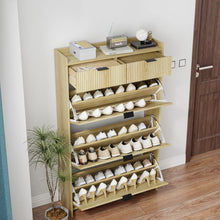 Load image into Gallery viewer, Shoe Cabinet, Free Standing Tipping Bucket Shoe Rack Organizer with 3 Flip Drawers, Modern Entryway Narrow Shoe Rack with 2 Drawers &amp; Top Storage, for Hallway Bedroom, Walnut