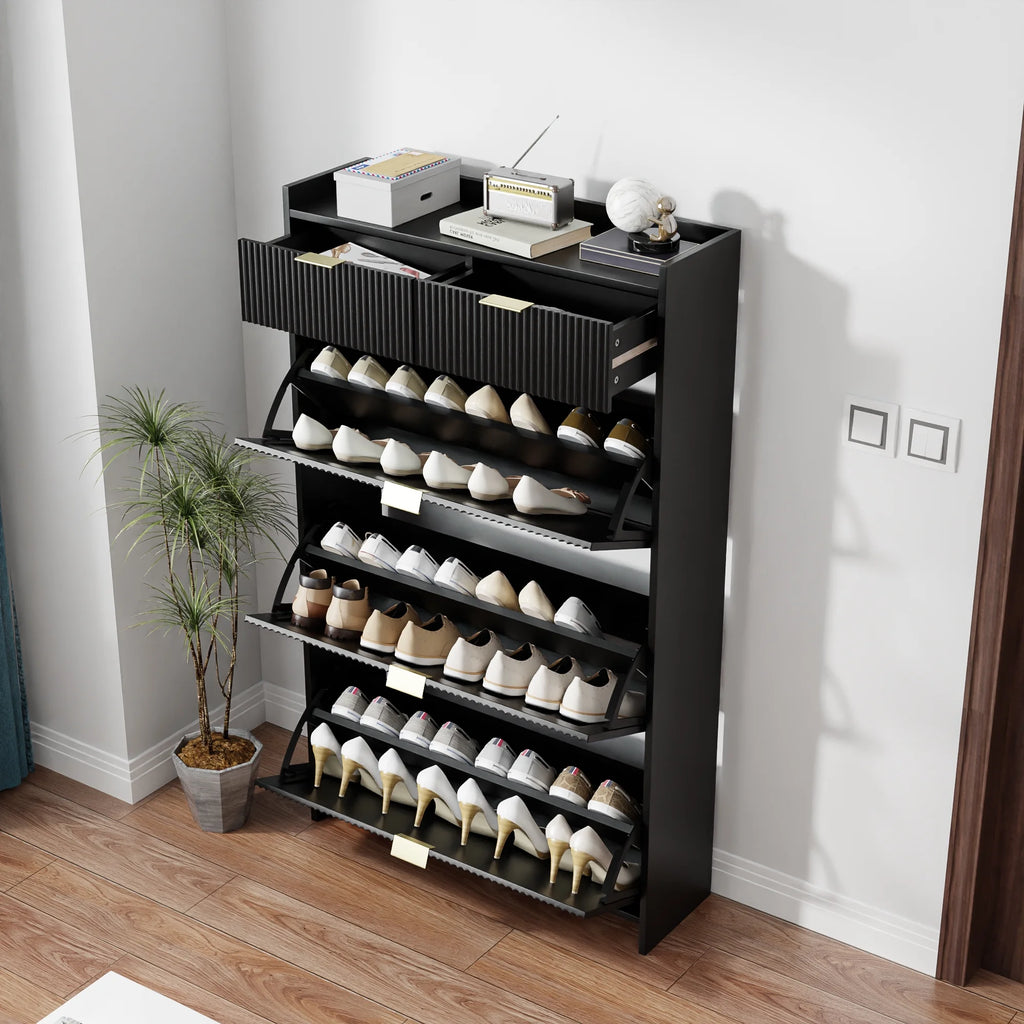 Shoe Cabinet, Free Standing Tipping Bucket Shoe Rack Organizer with 3 Flip Drawers, Modern Entryway Narrow Shoe Rack with 2 Drawers & Top Storage, for Hallway Bedroom, Walnut