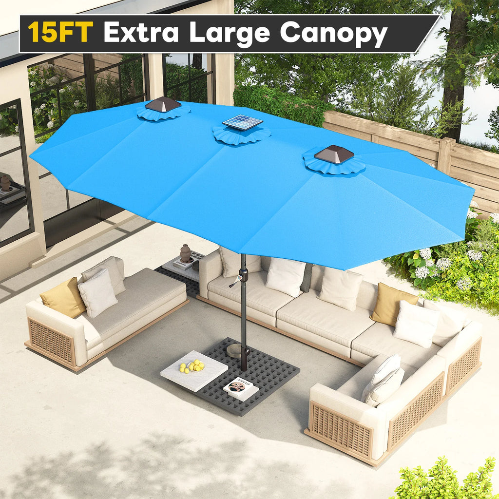 AECOJOY 15ft Patio Double-Sided Umbrella, 156 PCS Solar LED Light Outdoor Large Umbrella, Sky Blue