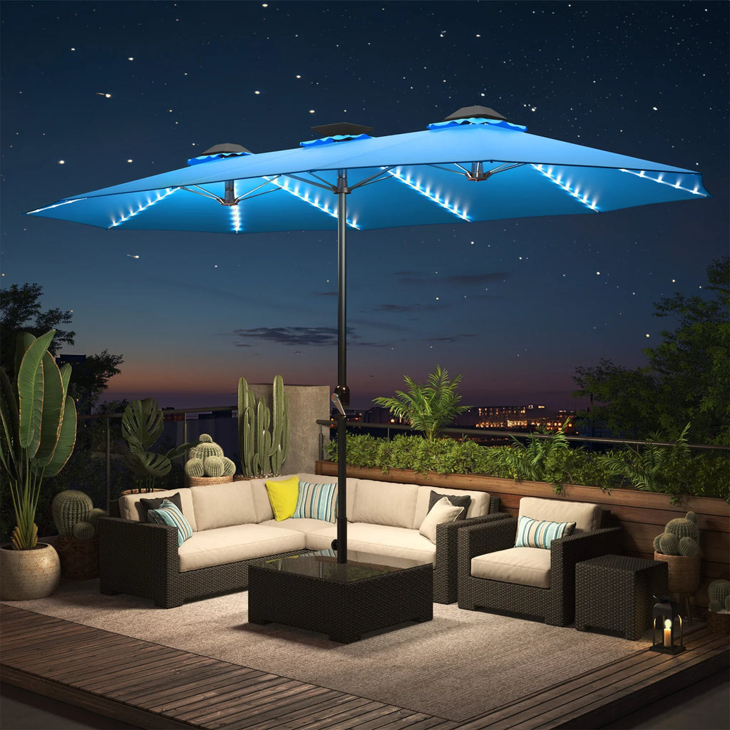 AECOJOY 15ft Patio Double-Sided Umbrella, 156 PCS Solar LED Light Outdoor Large Umbrella, Sky Blue