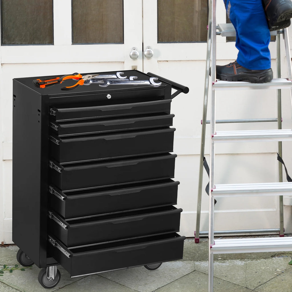 7 - Drawer Rolling Tool Chest Cabinet, Large Capacity Metal Tool Box with Wheels and Cylinder Locking, Roll Around Storage Organizer Tool Cart for Garage, Warehouse, Work Shop - Black