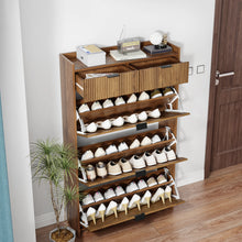 Load image into Gallery viewer, Shoe Cabinet, Free Standing Tipping Bucket Shoe Rack Organizer with 3 Flip Drawers, Modern Entryway Narrow Shoe Rack with 2 Drawers &amp; Top Storage, for Hallway Bedroom, Walnut