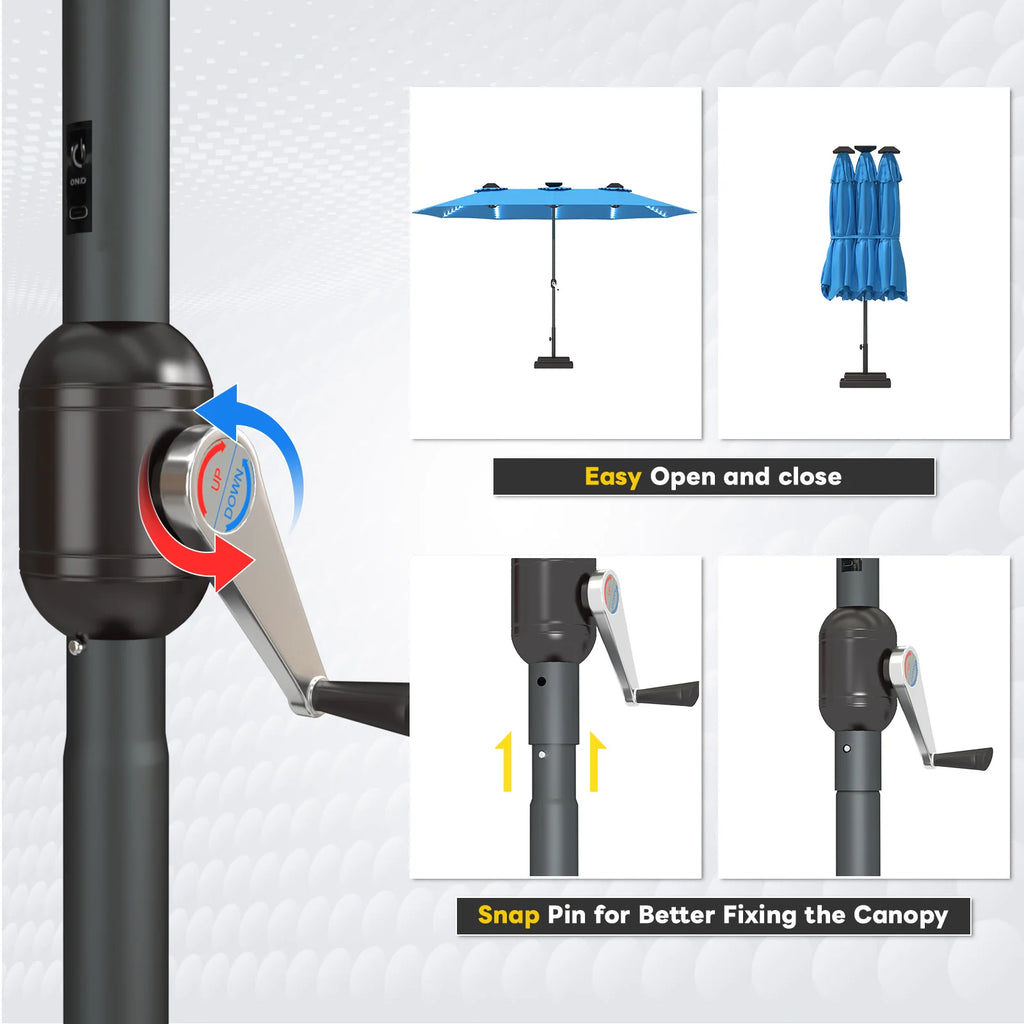 AECOJOY 15ft Patio Double-Sided Umbrella, 156 PCS Solar LED Light Outdoor Large Umbrella, Sky Blue