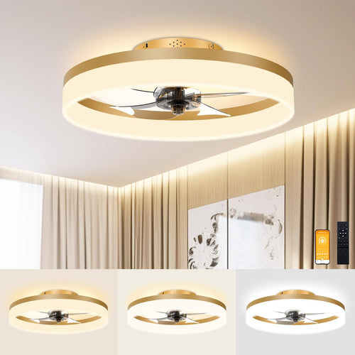 VOLISUN Low Profile Ceiling Fans with Lights and Remote, 19.7in Fandelier Ceiling Fan Flush Mount, 3000K - 6500K Smart Bladeless LED Fan Light, Gold