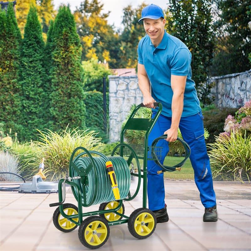 Heavy Duty Metal Garden Hose Reel Cart Holds 300FT of 5/8" Hose with 4 Wheels & Storage Basket, Portable Water Hose Organizer for Yard Lawn