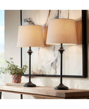 Load image into Gallery viewer, 360 Lighting Modern Buffet Table Lamps Set of 2 Bronze Metal Oatmeal Fabric Drum Shade for Dining Room