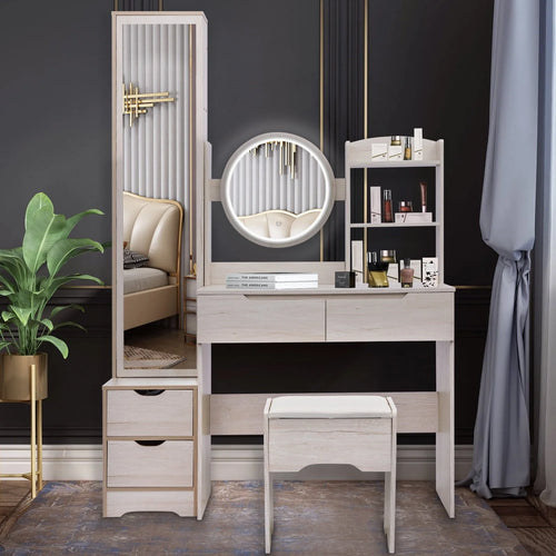 Ubesgoo Lighted Vanity Table Set, Dressing Table with Full Length Mirror, Bedroom Makeup Table with Hidden Stoarge Cabinet, White Oak Color