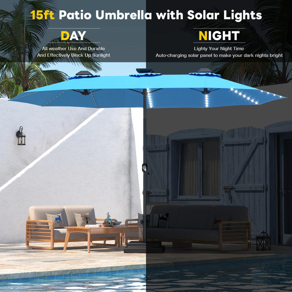 AECOJOY 15ft Patio Double-Sided Umbrella, 156 PCS Solar LED Light Outdoor Large Umbrella, Sky Blue