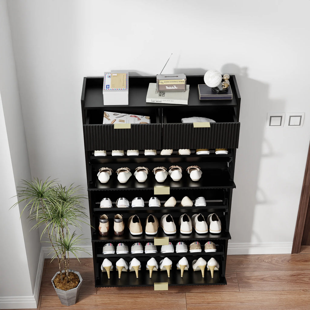 Shoe Cabinet, Free Standing Tipping Bucket Shoe Rack Organizer with 3 Flip Drawers, Modern Entryway Narrow Shoe Rack with 2 Drawers & Top Storage, for Hallway Bedroom, Walnut