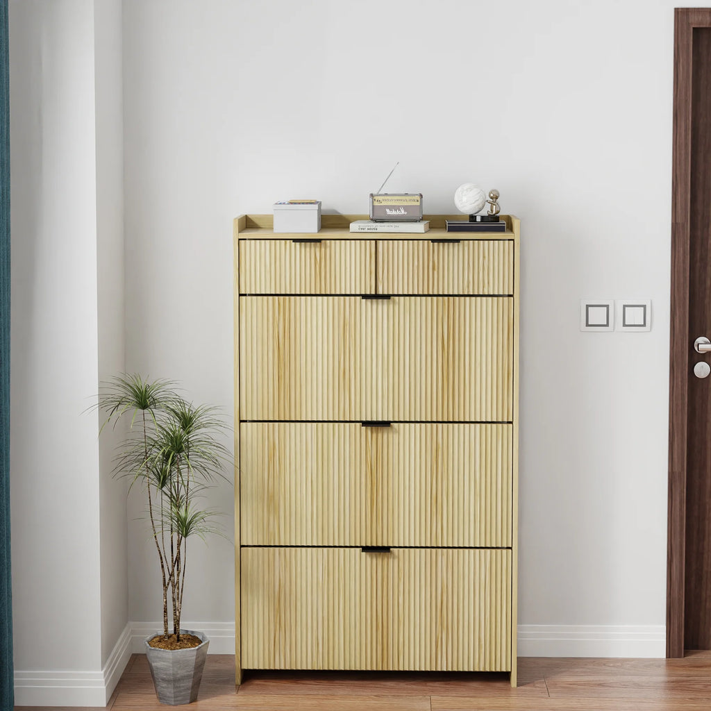 Shoe Cabinet, Free Standing Tipping Bucket Shoe Rack Organizer with 3 Flip Drawers, Modern Entryway Narrow Shoe Rack with 2 Drawers & Top Storage, for Hallway Bedroom, Walnut