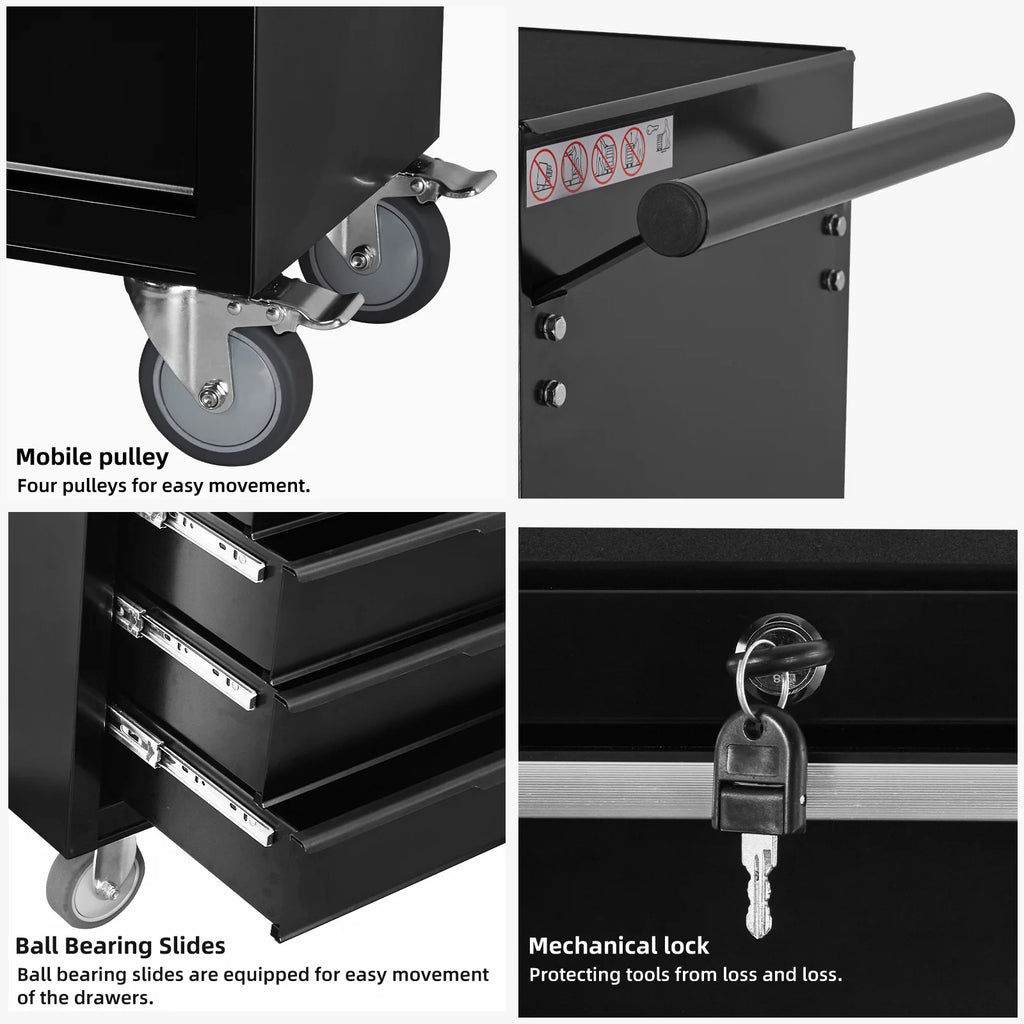 7 - Drawer Rolling Tool Chest Cabinet, Large Capacity Metal Tool Box with Wheels and Cylinder Locking, Roll Around Storage Organizer Tool Cart for Garage, Warehouse, Work Shop - Black