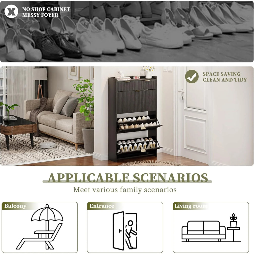 Shoe Cabinet, Free Standing Tipping Bucket Shoe Rack Organizer with 3 Flip Drawers, Modern Entryway Narrow Shoe Rack with 2 Drawers & Top Storage, for Hallway Bedroom, Walnut