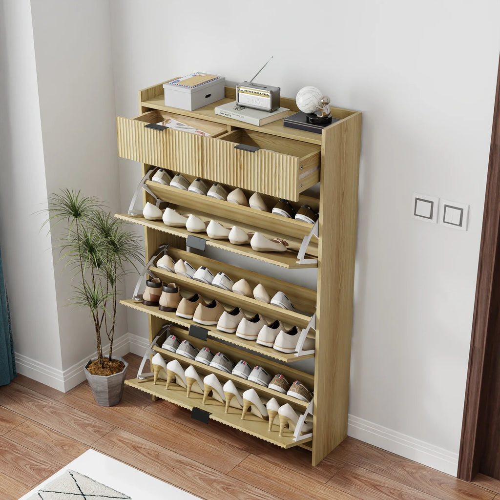 Shoe Cabinet, Free Standing Tipping Bucket Shoe Rack Organizer with 3 Flip Drawers, Modern Entryway Narrow Shoe Rack with 2 Drawers & Top Storage, for Hallway Bedroom, Walnut