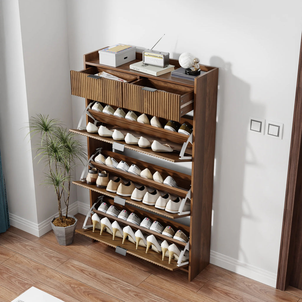Shoe Cabinet, Free Standing Tipping Bucket Shoe Rack Organizer with 3 Flip Drawers, Modern Entryway Narrow Shoe Rack with 2 Drawers & Top Storage, for Hallway Bedroom, Walnut