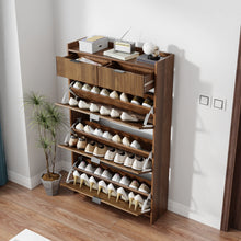 Load image into Gallery viewer, Shoe Cabinet, Free Standing Tipping Bucket Shoe Rack Organizer with 3 Flip Drawers, Modern Entryway Narrow Shoe Rack with 2 Drawers &amp; Top Storage, for Hallway Bedroom, Walnut