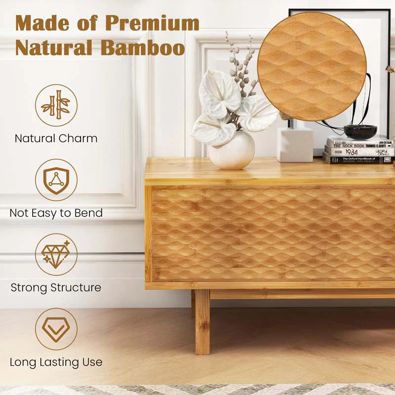 63" Bamboo TV Stand for Up to 70" TVs, Mid Century Modern Entertainment Center Media Console with Sliding Doors & 3 Storage Cubbies for Living Room