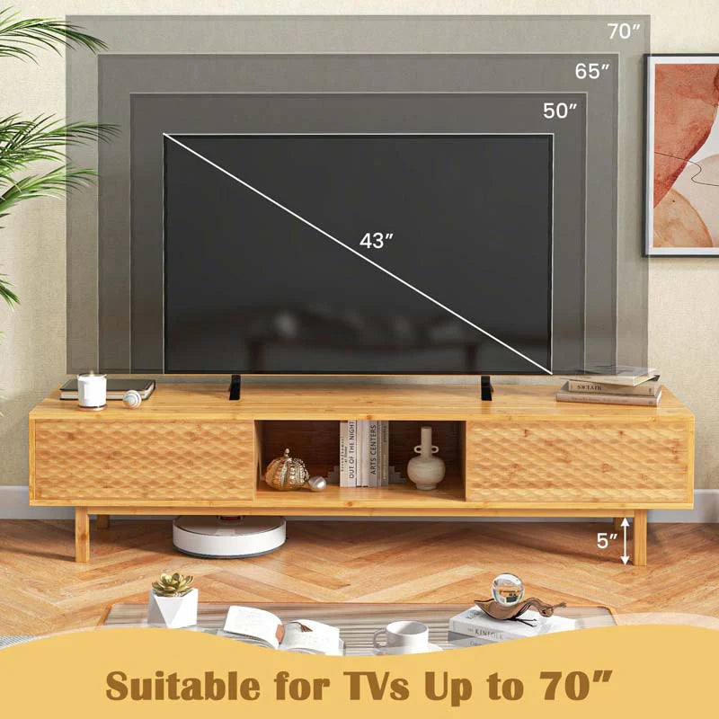 63" Bamboo TV Stand for Up to 70" TVs, Mid Century Modern Entertainment Center Media Console with Sliding Doors & 3 Storage Cubbies for Living Room