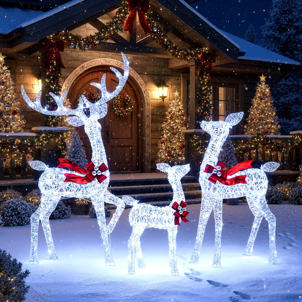 Tangkula 3-Piece Christmas Lighted Iridescent Reindeer Family Set with 215 Cold White LED Lights and Ground Stakes
