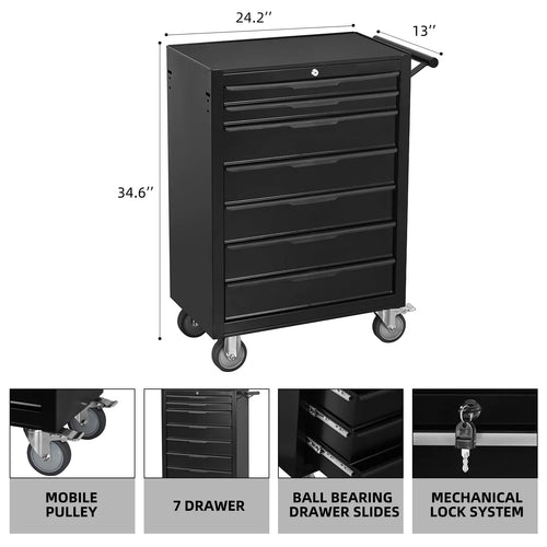 7 - Drawer Rolling Tool Chest Cabinet, Large Capacity Metal Tool Box with Wheels and Cylinder Locking, Roll Around Storage Organizer Tool Cart for Garage, Warehouse, Work Shop - Black
