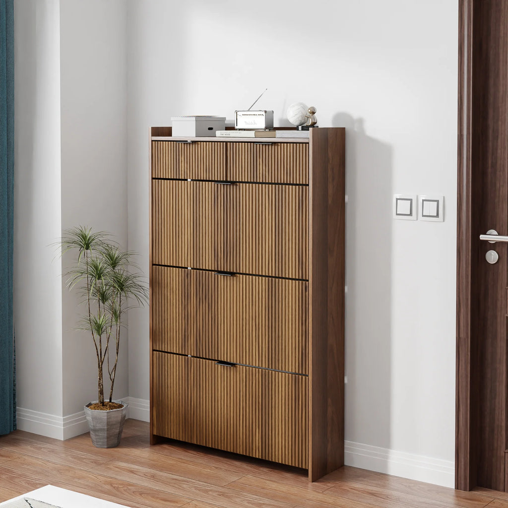 Shoe Cabinet, Free Standing Tipping Bucket Shoe Rack Organizer with 3 Flip Drawers, Modern Entryway Narrow Shoe Rack with 2 Drawers & Top Storage, for Hallway Bedroom, Walnut