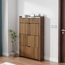 Load image into Gallery viewer, Shoe Cabinet, Free Standing Tipping Bucket Shoe Rack Organizer with 3 Flip Drawers, Modern Entryway Narrow Shoe Rack with 2 Drawers &amp; Top Storage, for Hallway Bedroom, Walnut