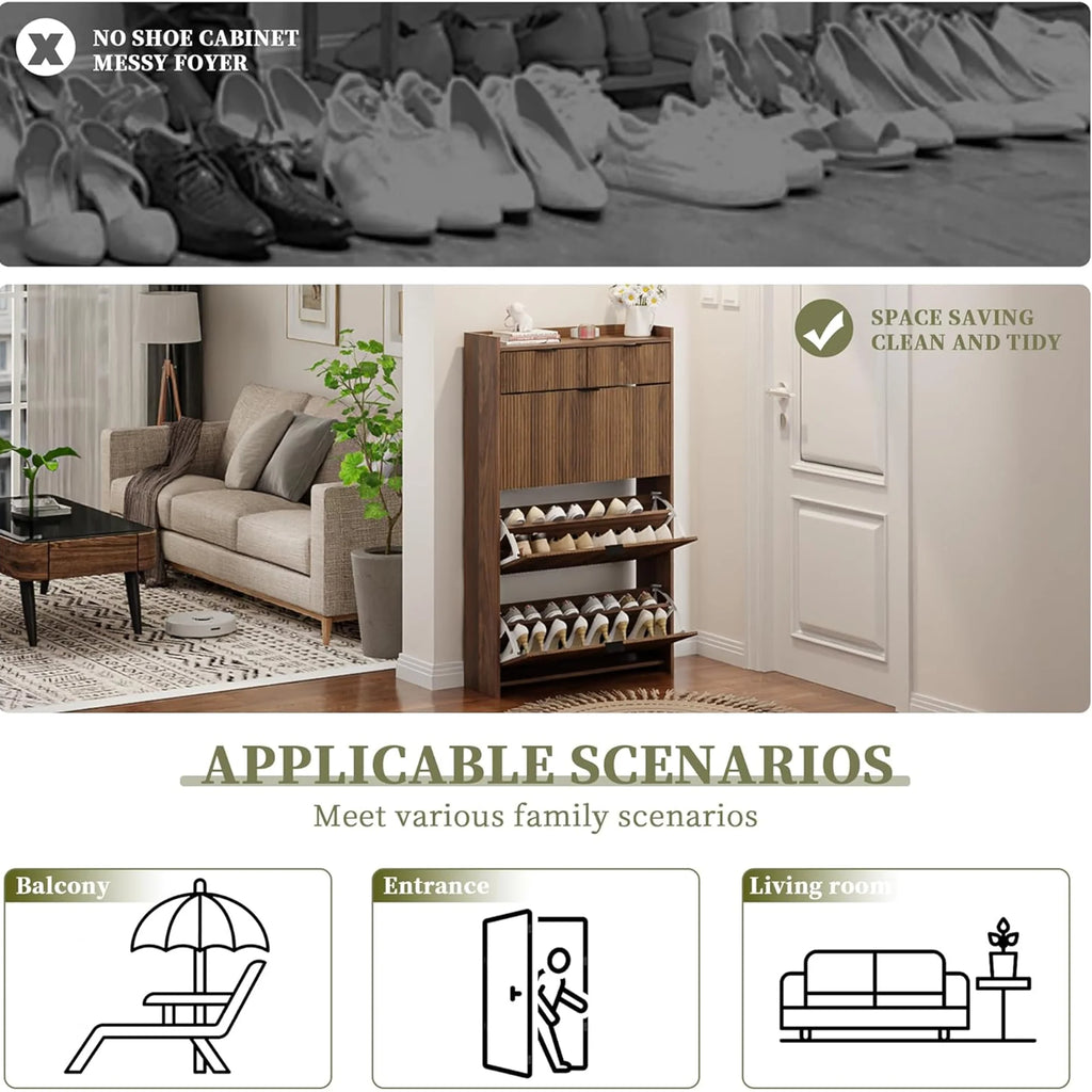 Shoe Cabinet, Free Standing Tipping Bucket Shoe Rack Organizer with 3 Flip Drawers, Modern Entryway Narrow Shoe Rack with 2 Drawers & Top Storage, for Hallway Bedroom, Walnut