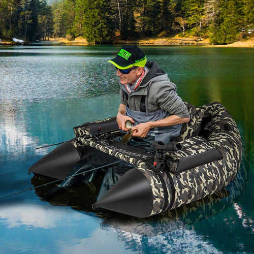 Inflatable Fishing Float Tube, 350 LBS Capacity Belly Boat with Paddle, Flippers, Rod Holder, Fish Ruler, Pump, Storage Bag & Adjustable Straps